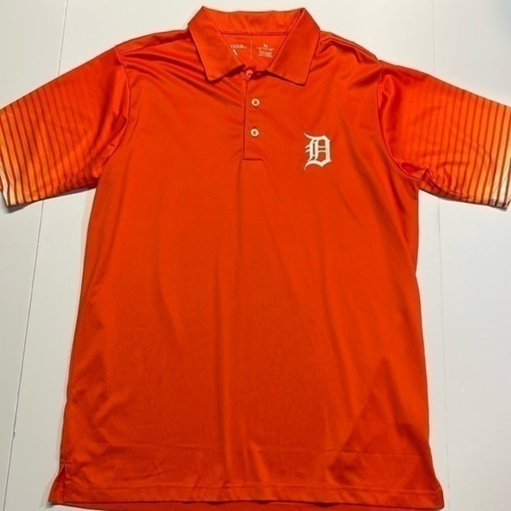 Antigua man’s orange Detroit Tigers Polo shirt. Size M.